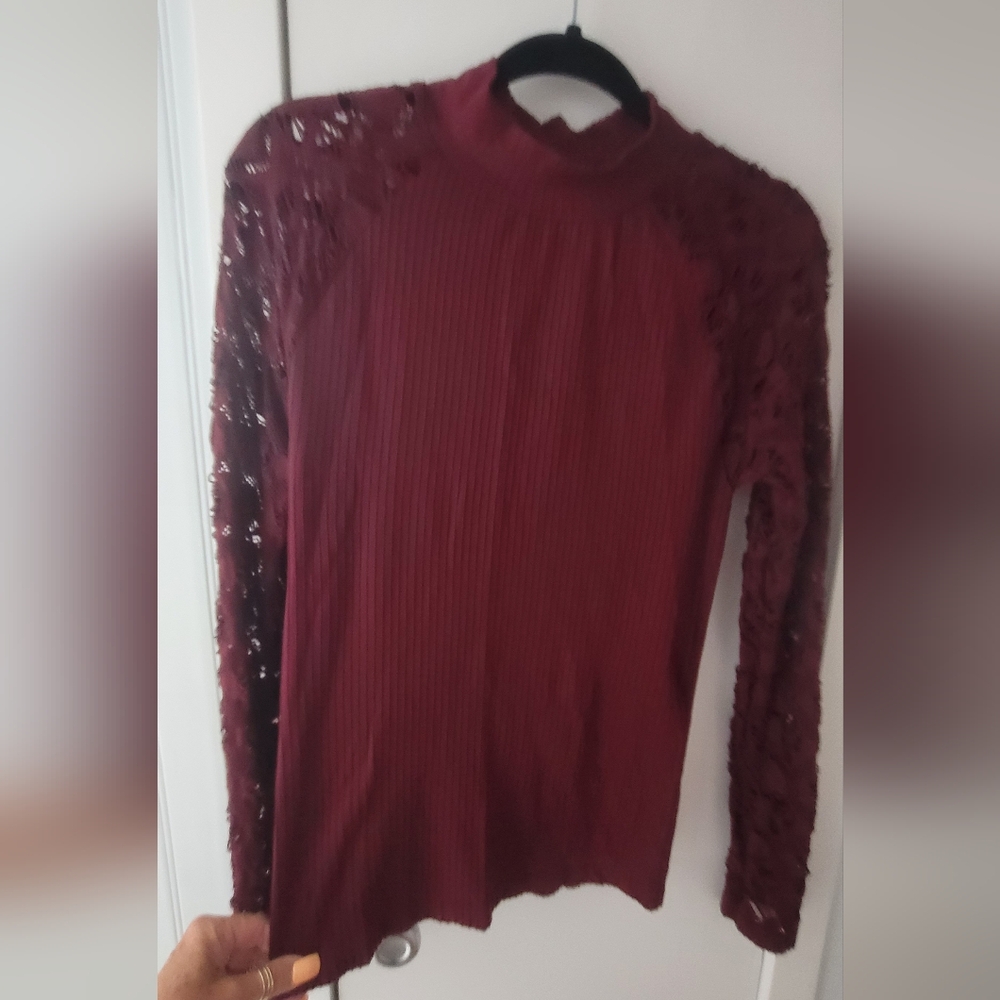 VENUS Elegant Burgundy Lace Sleeve Women's Top